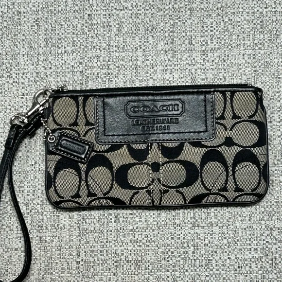 Coach Signature Black and Tan Wristlet - Picture 1 of 4